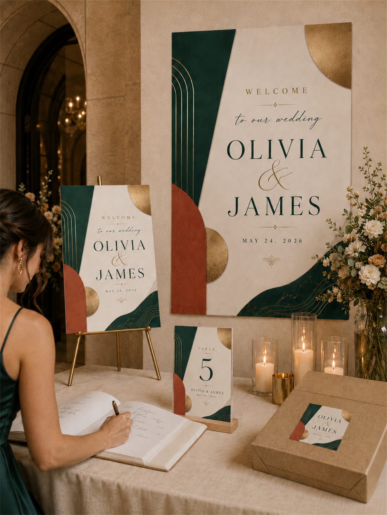 Emerald green and terracotta rust wedding decorations - abstract curved shapes for a modern and luxurious wedding - custom names and dates